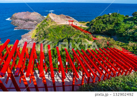山口県長門市　青い海に映える元乃隅神社の朱の鳥居 132902492