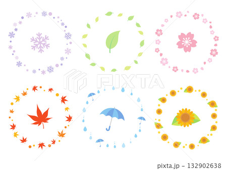 春夏秋冬の丸フレームセット　かわいい四季のモチーフ 132902638