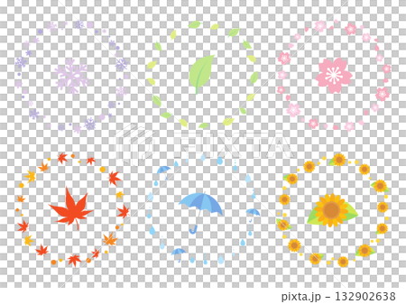 春夏秋冬の丸フレームセット　かわいい四季のモチーフ 132902638