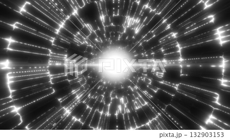 Abstract white glowing tunnel with light particles forming a futuristic energy vortex in motion 132903153