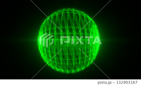 A glowing 3D grid sphere with intersecting neon green lines, representing advanced technology and digital systems in a futuristic style A glowing 3D grid sphere with intersecting neon green lines, representing advanced technology and digital systems in a futuristic style 132903167