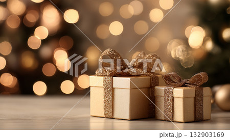 elegant golden gift boxes on table with blurred Christmas tree and sparkling lights background 132903169