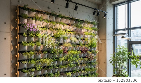 Modern indoor vertical garden wall system with fabric planters growing herbs and plants in contemporary concrete office space interior 132903530