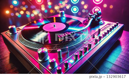 夜のパーティーでのターンテーブルのクローズアップ 夜のパーティーでのターンテーブルのクローズアップ 132903617