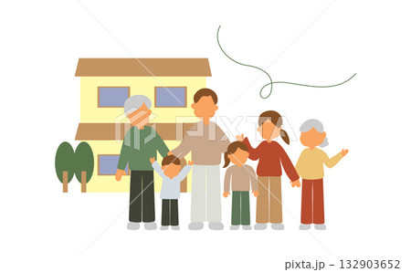 新築の家の前に並ぶ三世代家族 132903652