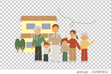 新築の家の前に並ぶ三世代家族 132903652