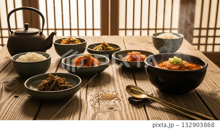 Traditional Korean banchan side dishes with steaming rice bowls kimchi stew and cast iron teapot on rustic wooden table in hanok house interior 132903868