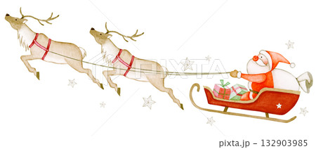 トナカイのソリに乗るサンタクロース　クリスマス　水彩 イラスト 132903985