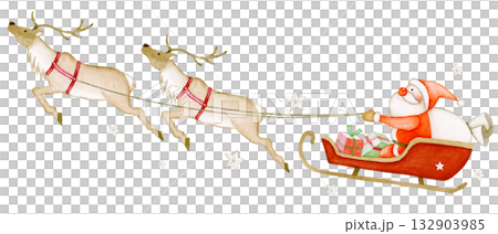 トナカイのソリに乗るサンタクロース　クリスマス　水彩 イラスト 132903985