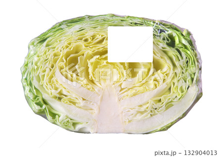 スーパーマーケットの野菜コーナーで販売されているハーフカットのキャベツの写真：ラベル下地色＝純白 132904013