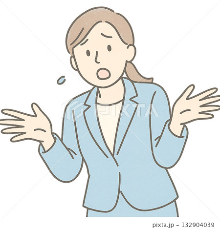 どうしようと困る女性のイラスト、 トラブルに戸惑う女性のジェスチャー、 対応に悩むビジネスウーマンの 132904039