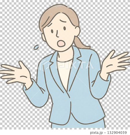 どうしようと困る女性のイラスト、 トラブルに戸惑う女性のジェスチャー、 対応に悩むビジネスウーマンの 132904039