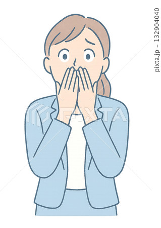 ミスに気づいて驚く女性のイラスト、 思わず口元を押さえる驚きの女性、 ショックを受けて固まるビジネス 132904040