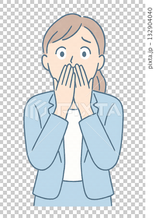 ミスに気づいて驚く女性のイラスト、 思わず口元を押さえる驚きの女性、 ショックを受けて固まるビジネス 132904040
