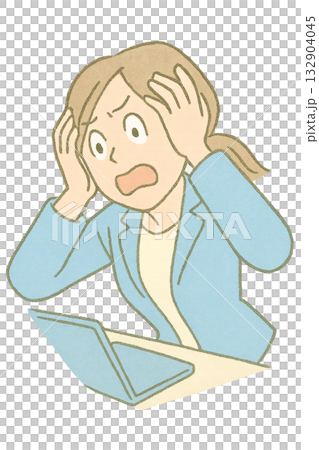 插圖描繪了一位女士因電腦故障而驚慌失措，一位女商人因係統故障而感到驚訝或恐慌。 132904045