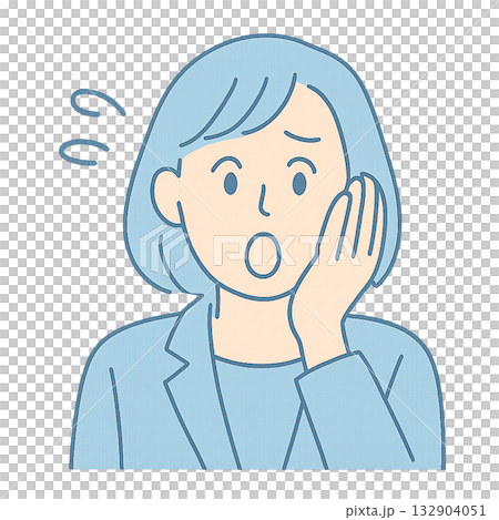 Illustration of a surprised woman with her hand on her cheek, A female businessman with a surprised expression, A woman's expression surprised by an unexpected event 132904051