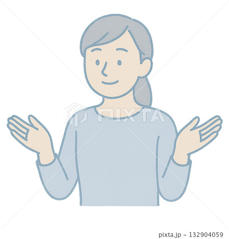 両手で説明する女性のイラスト、 わかりやすく解説する女性のイメージ、 プレゼンで話す女性の表情 132904059