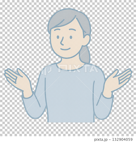 両手で説明する女性のイラスト、 わかりやすく解説する女性のイメージ、 プレゼンで話す女性の表情 132904059