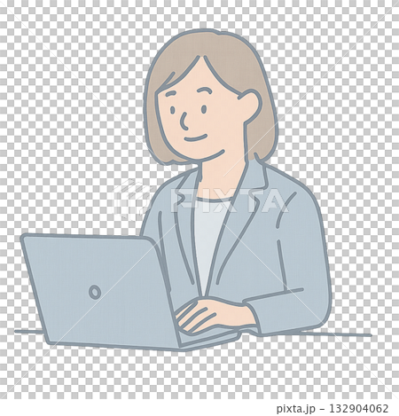 ノートパソコンで作業する女性のイラスト、 PCで仕事をする女性ビジネスマン、 在宅ワークをする女性の 132904062