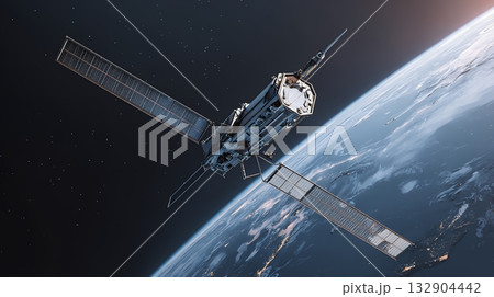 宇宙空間に飛んでいる人工衛星　AI 132904442