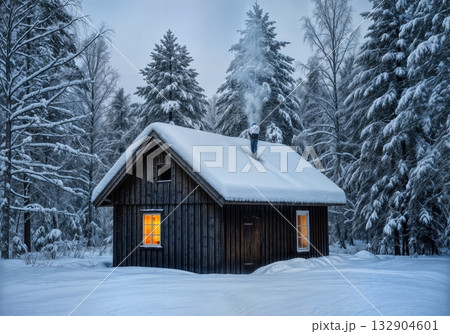 Rustic Winter Cabin or Shed Exterior Covered in Snow with Warm Glowing Window Light and Evergreen Trees 132904601