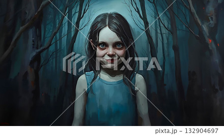 暗い森に立つ不気味な外国人少女のイラスト 132904697