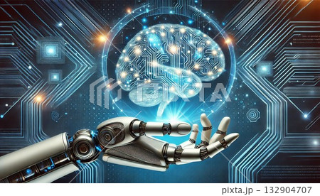 ロボットの手が持つ未来的なAI脳 ロボットの手が持つ未来的なAI脳 132904707