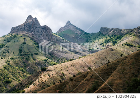 Vivid alpine hills in the morning light. Location place Crimea. 132904828