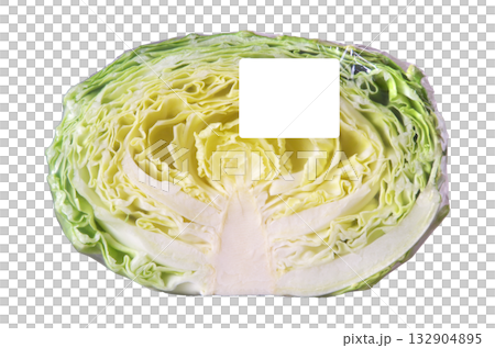 スーパーマーケットの野菜コーナーで販売されているハーフカットのキャベツ：ラベル下地色＝純白 132904895