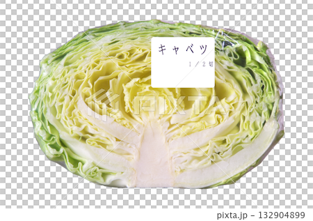 スーパーマーケットの野菜コーナーで販売されているハーフカットのキャベツ：ラベル生地色＝純白 132904899