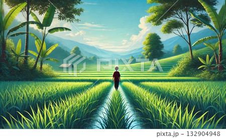 田んぼを歩く認識できない人物 132904948