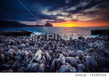 Great view of the nature reserve Monte Cofano. Location place cape San Vito, Sicilia island, Italy, Europe. 132905016