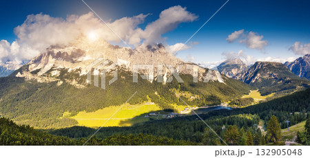 Sunny view of the wonderful alpine valley. Location place Misurina, Dolomiti alp, Tyrol, Italy. 132905048