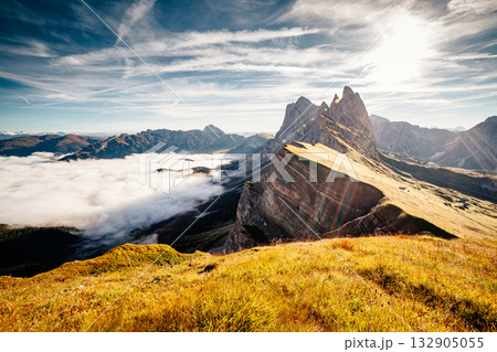 Aerial view of the alpine valley. Location Puez-Odle National Park, Italy. 132905055