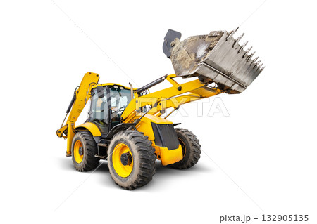 A bright yellow backhoe loader stands poised for action against a clean white background, showcasing its powerful arm and bucket for digging and lifting tasks A bright yellow backhoe loader stands poised for action against a clean white background, showcasing its powerful arm and bucket for digging and lifting tasks 132905135