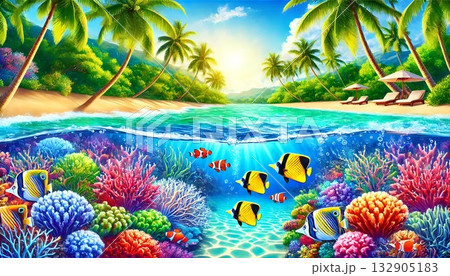 鮮やかな水中サンゴとビーチ 132905183