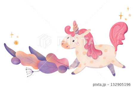 Cute pink unicorn with polka dots on colorful cloud. Watercolor kids' illustration with stars and flowers. Ideal for children's books, nursery art, posters, perfect for stationary designs, printable 132905196