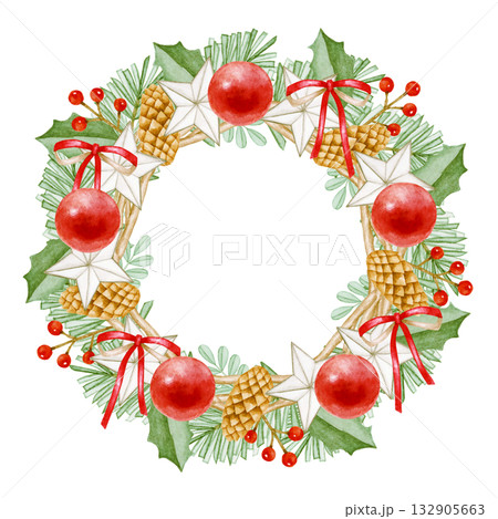 クリスマスリースのフレーム　水彩 イラスト 132905663