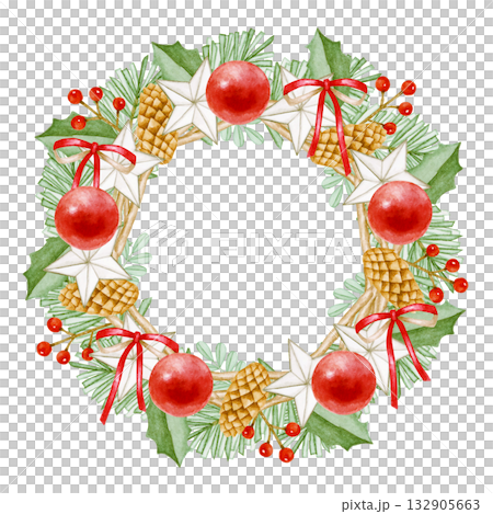 クリスマスリースのフレーム　水彩 イラスト 132905663