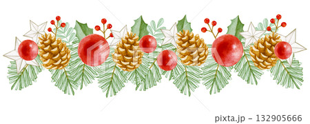 クリスマスオーナメントと植物の飾り　水彩 イラスト 132905666