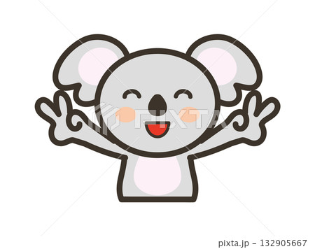 ダブルピースで大喜びのかわいいコアラの上半身イラスト ダブルピースで大喜びのかわいいコアラの上半身イラスト 132905667