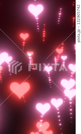 Floating glowing hearts on a dark background with neon trails Floating glowing hearts on a dark background with neon trails 132905742