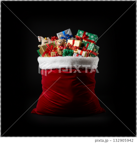 Christmas: Santa's sack filled with presents and lights 132905942