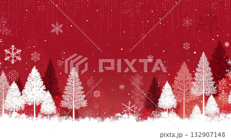 赤い森の雪景色｜幻想的な冬のイラスト背景/クリスマスシーズン背景 132907148