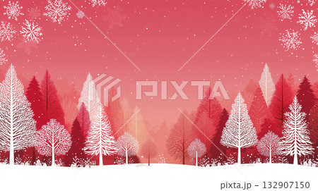 赤い森の雪景色｜幻想的な冬のイラスト背景/クリスマスシーズン背景 132907150