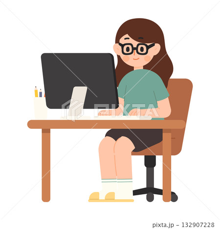 Flat design illustration of a young woman working at a computer. Working spaces concept. Flat cartoon character vector illustration 132907228