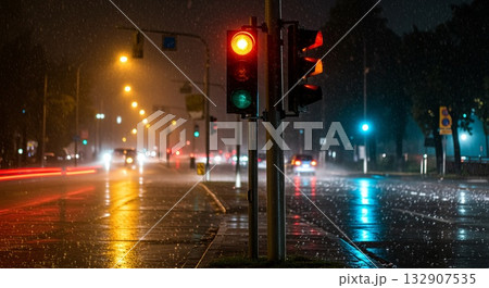 Blinking yellow traffic light in rainy night cityscape with reflections and umbrellas in background Blinking yellow traffic light in rainy night cityscape with reflections and umbrellas in background 132907535