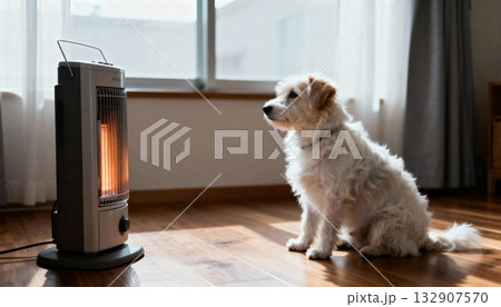 dog sitting by space heater on wooden floor, diffused daylight, calm cozy indoor winter profile 132907570