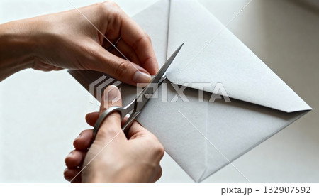 woman opening envelope with scissors in soft indirect daylight, precise macro hands, tidy desk 132907592