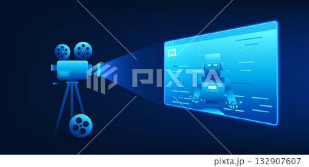 AI live streaming technology background showing a camera broadcasting a robot, symbolizing artificial intelligence integration in real-time media, content creation, and future communication 132907607